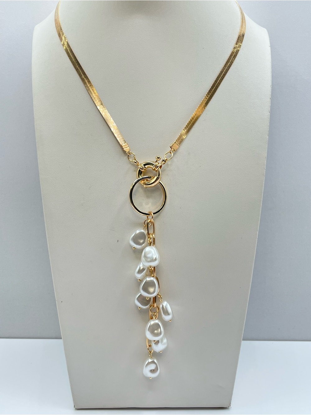 Gold Chevron Chain Faux Baroque Pearl Drop Beaded Charm Statement Necklace